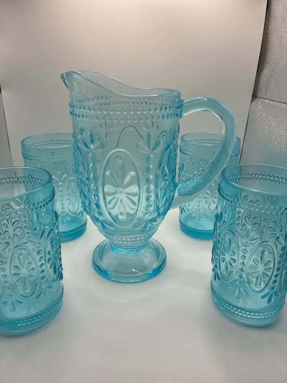 Vintage-Inspired Embossed Light Blue Glass Pitcher And 4 Tumbler Drinking Glasse